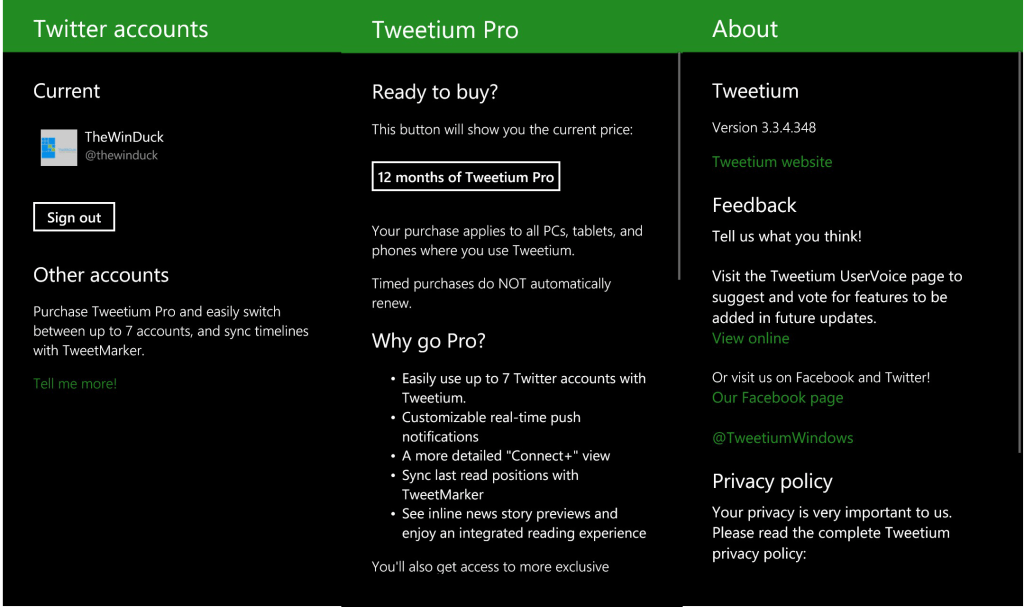 Tweetium Accounts, Pro und About