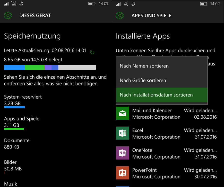 Windows 10 Mobile 10586 Apps und Spiele Speicher Installationsdatum