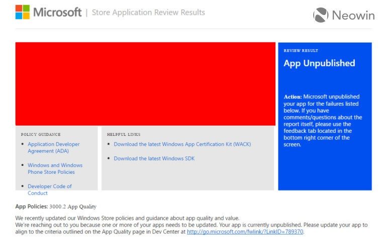App Unpublished Windows Store