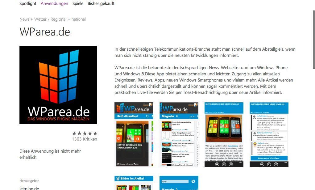 WParea.de-App verschwindet aus dem Windows Phone Store