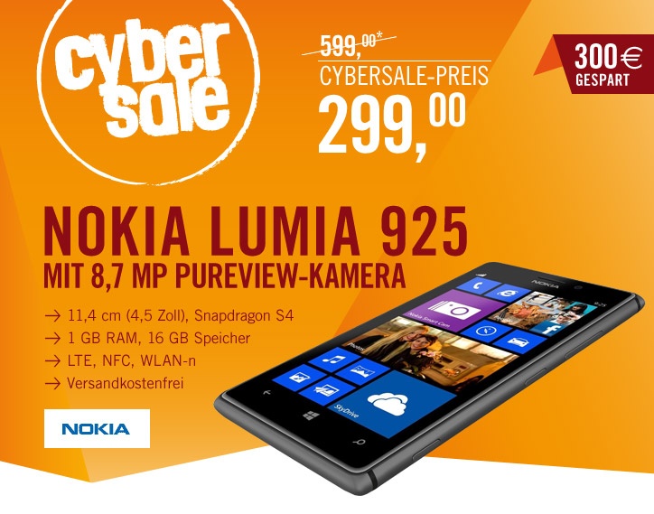 Deal: Nokia Lumia 925 für 299€ - solange der Vorrat reicht!