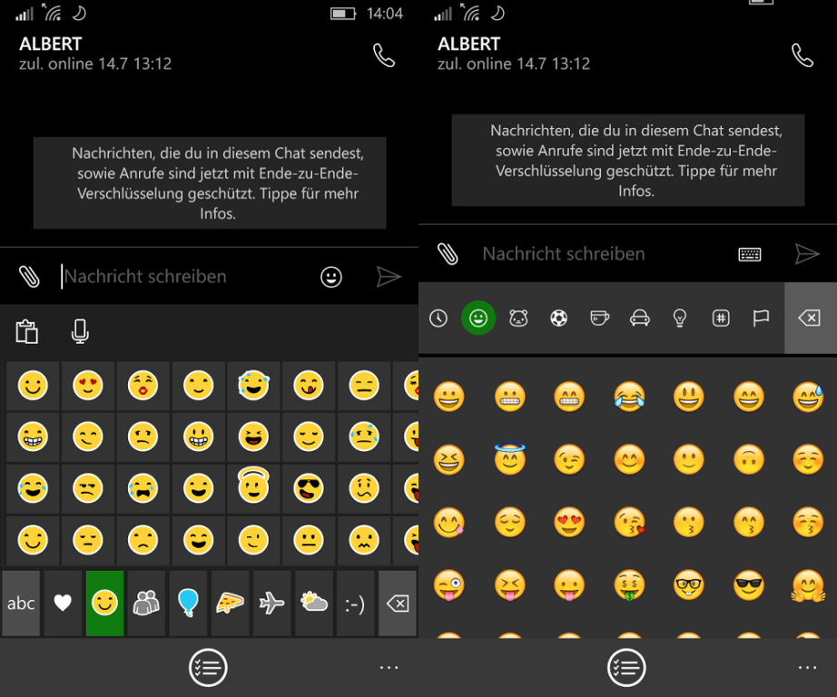 Windows 10 Mobile 10586 WhatsApp Smileys Tastatur