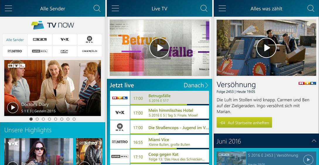 TV NOW (RTL) als Universal-App verfügbar