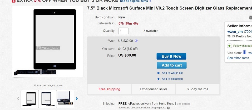 Displayverglasung und Touchscreen des Microsoft Surface Mini wird auf eBay verkauft