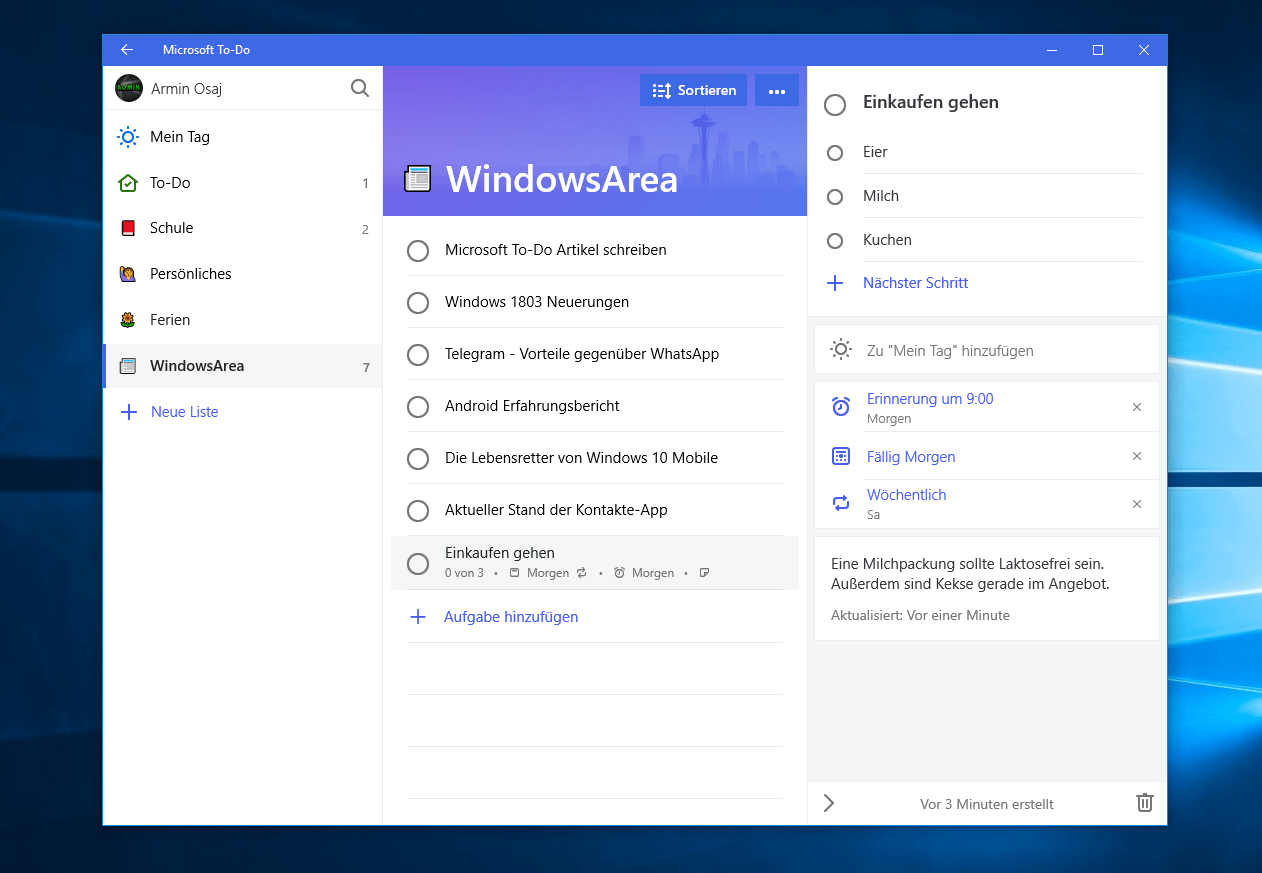 Microsoft To-Do jetzt mit Unteraufgaben für Windows