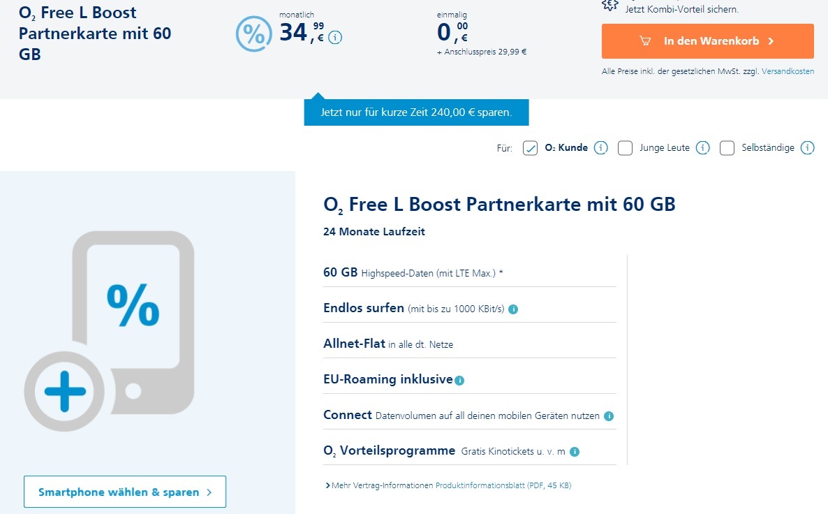 Deal: O2 Free L Boost Allnet-Flat mit 60GB LTE ab 34,99 Euro