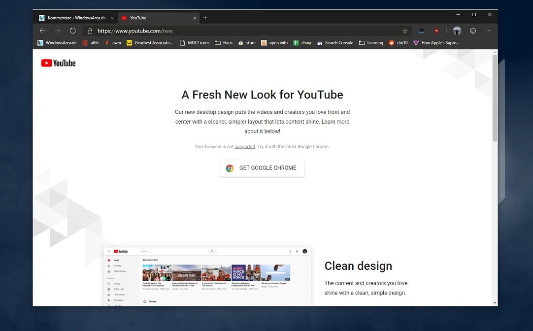 Neues YouTube-Design funktioniert nicht mit Microsoft Chromium Edge
