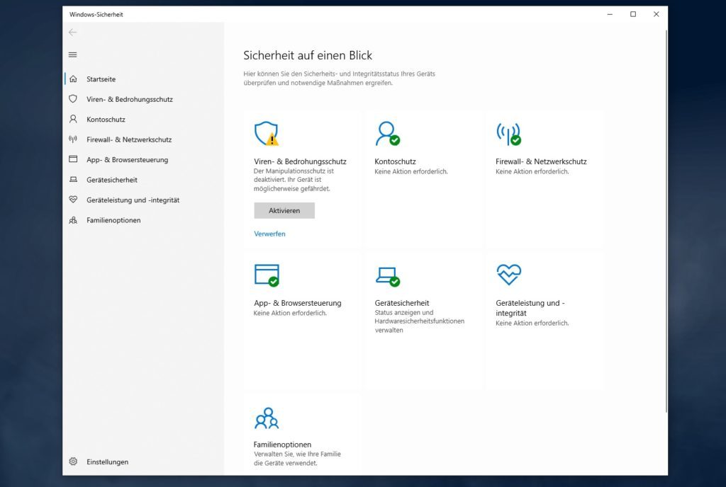 Screenshot von der Windows-Sicherheit-App unter Windows 10. Geöffnet ist die Startseite.