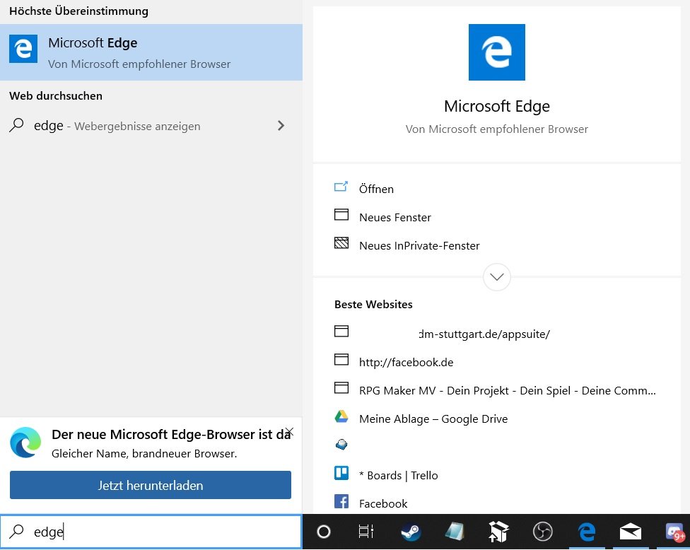 Microsoft wirbt im Startmenü für neuen Chromium Edge Browser