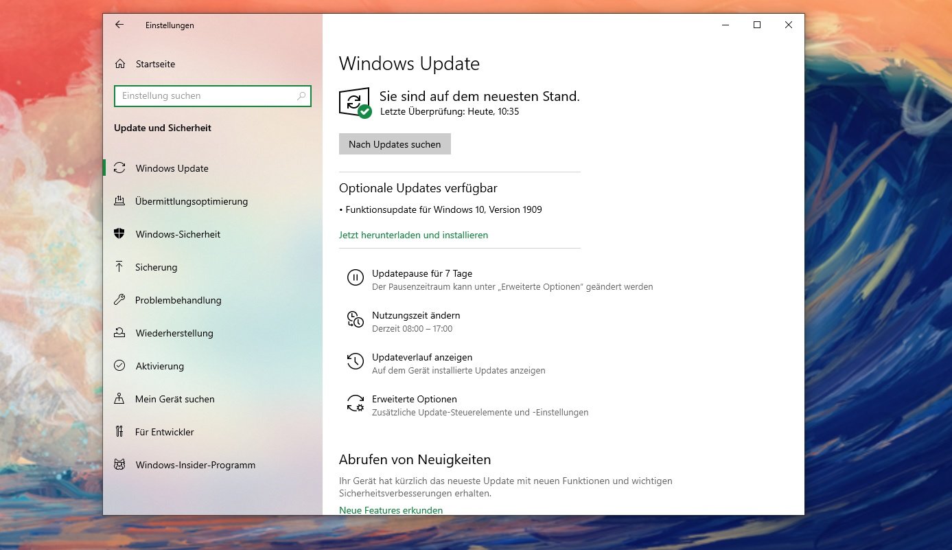 Windows 10 Version 1909 kommt jetzt per Update-Suche