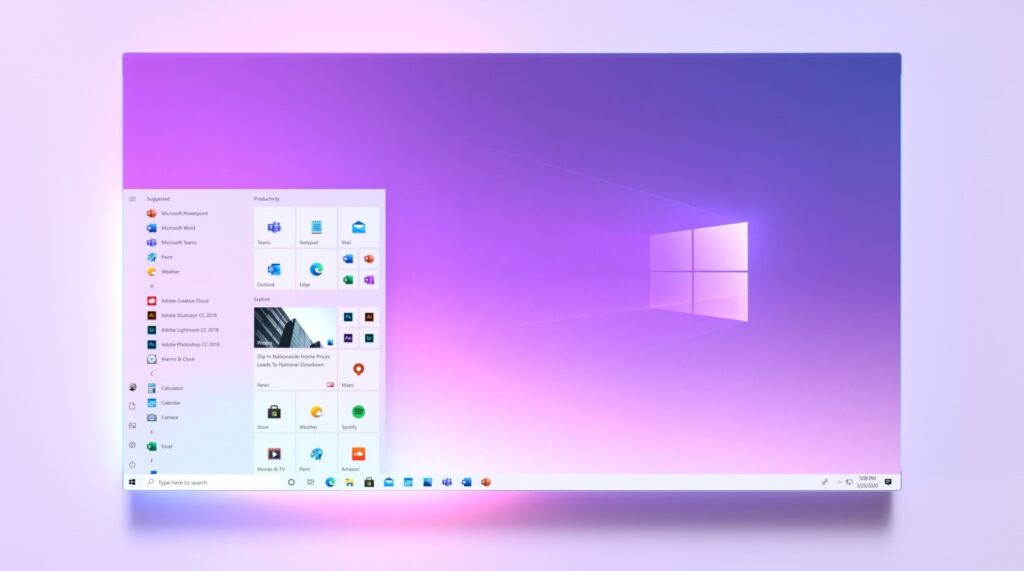 Titelbild: Screenshot des Windows 10 Startmenüs mit transparenten Live-Kacheln und Fluent-Design-Icons