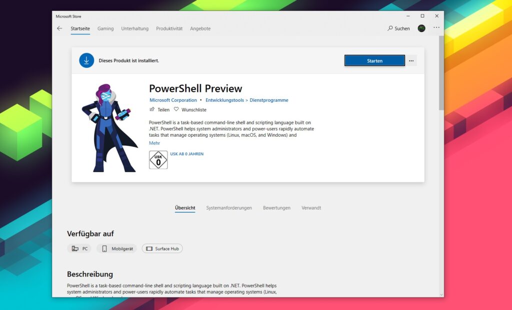 PowerShell Preview Microsoft Store Eintrag