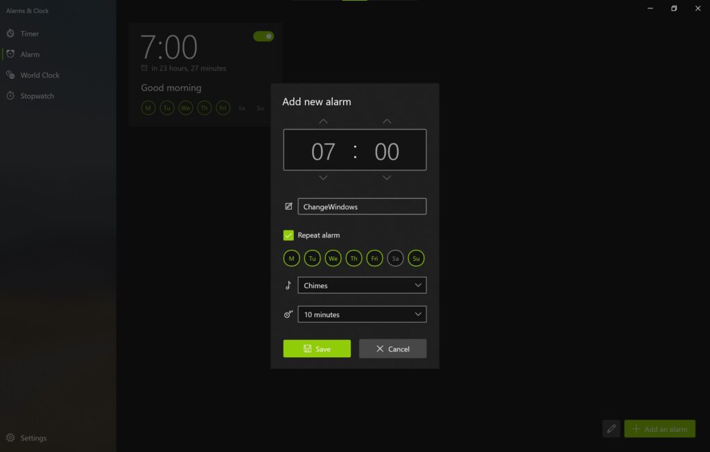 Screenshot der Alarm & Uhr App im Sun Valley Design, zeigt die Erstellung eines neuen Weckers