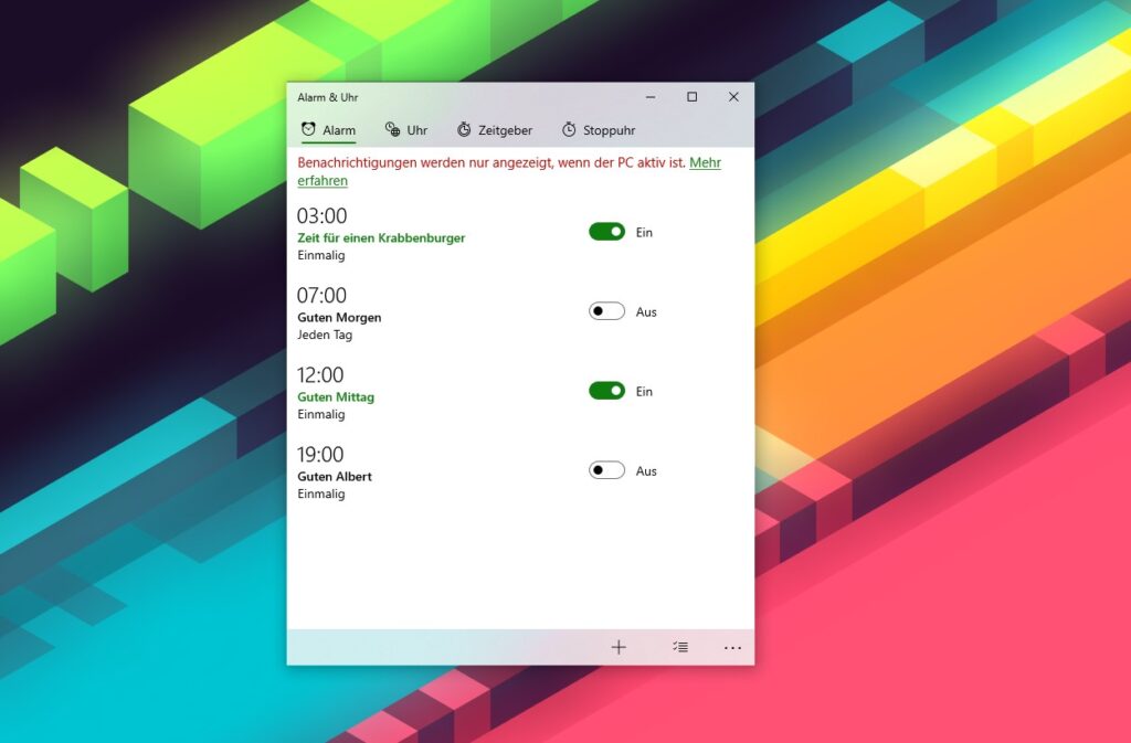 Screenshot der bisherigen Alarm & Uhr App in Windows 10
