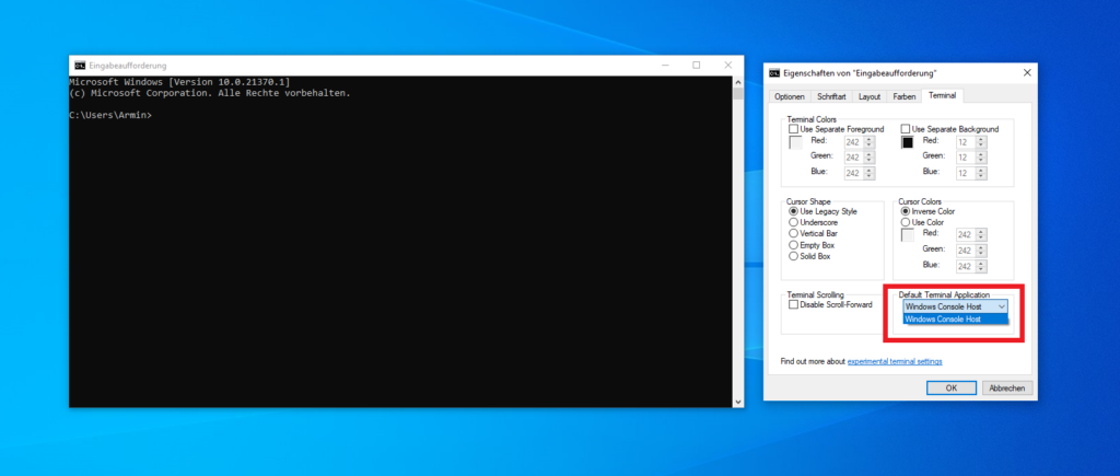 Screenshot der neuen Option in den Eigenschaften der Windows Eingabeaufforderung