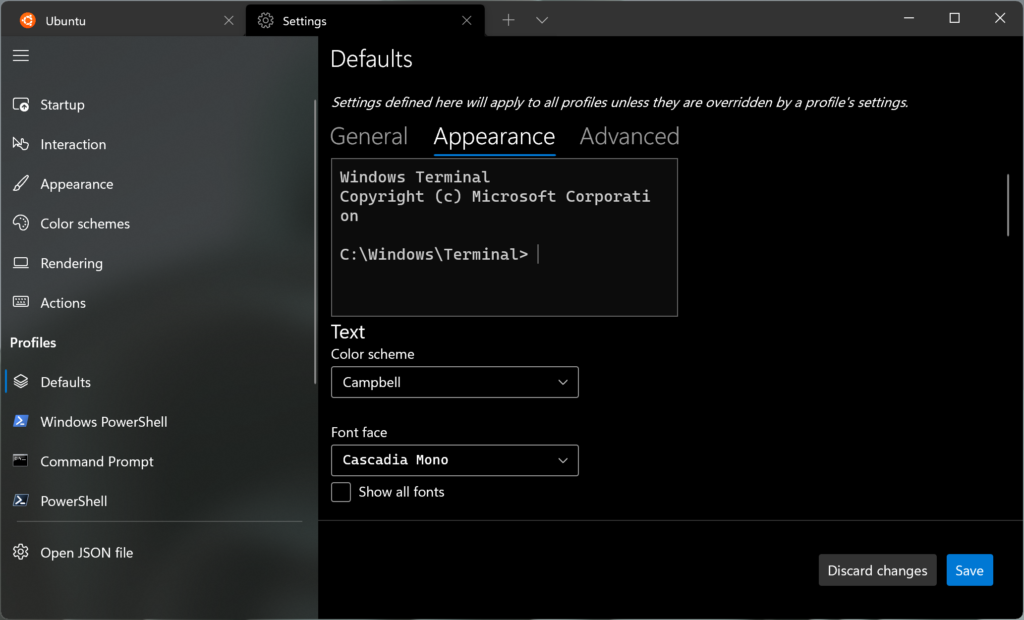 Dieses Bild zeigt die Windows Terminal 1.10 Einstellungen, mit geöffneter Defaults Seite.