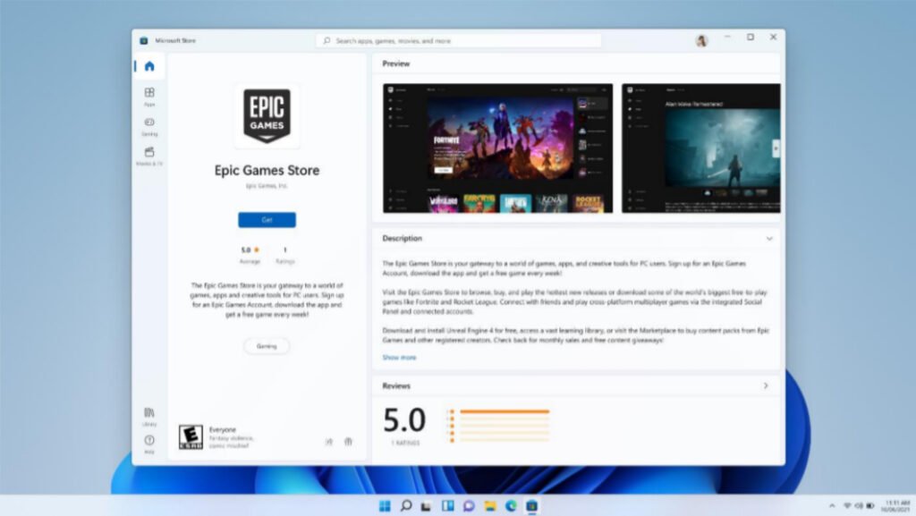 Screenshot des Store-Eintrags von Epic Games Store im neuen Microsoft Store unter Windows 11