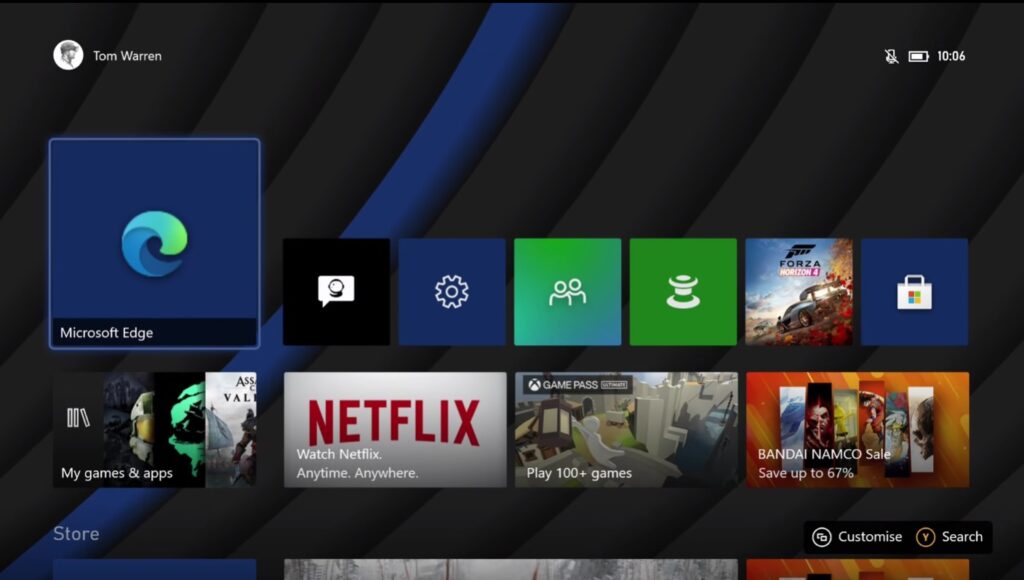 Xbox Dashboard, worauf die Microsoft Edge-Kachel zusehen ist