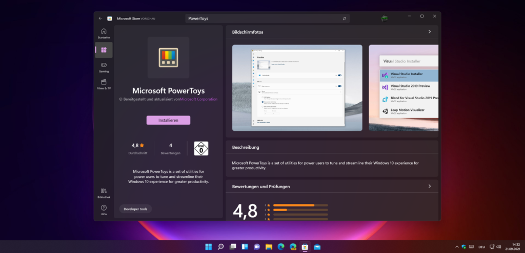 Screenshot des Microsoft Store Eintrags von PowerToys