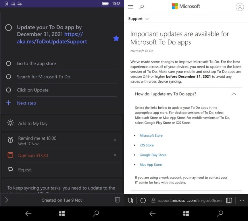 Zwei Windows Phone-Screenshots, links die Microsoft To Do mit der automatisch generierten Aufgabe, rechts die Microsoft Supportseite mit weiteren Infos geöffnet im Edge-Browser