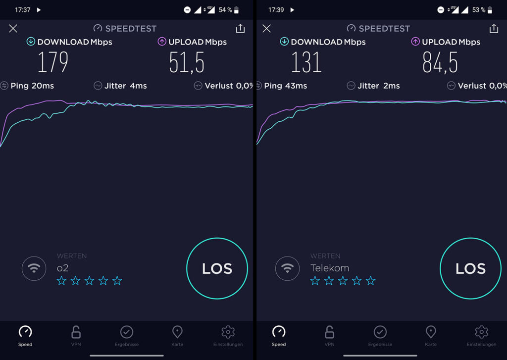 Speedtest: o2: Download 179 Mbps, Upload 51,5 Mbps ; Telekom: Download 131 Mbps, Upload 84,5 Mbps