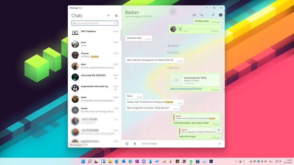 Screenshot der WhatsApp UWP, unter Windows 11, mit geöffnetem Chat