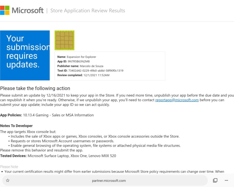Screenshot von der Microsoft Store Application Review Results zu Expansion for Explorer