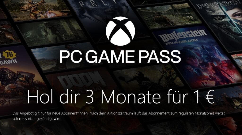 Store Screenshot des PC Game Pass, welches aufmerksam auf das aktuelle Angebot macht, dass es 3 Monate Game Pass für einen Euro gibt.