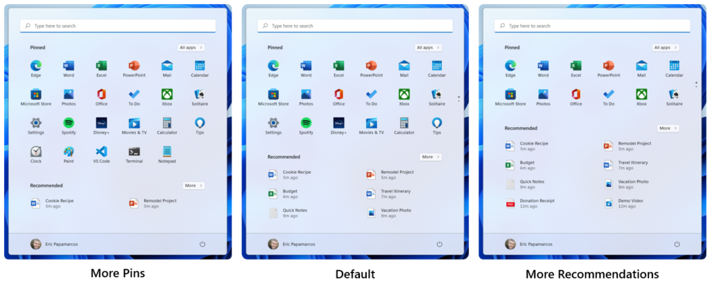 Drei Screenshots des Startmenüs nebeneinander, jeweils mit einer anderen Größe des Empfohlenen-Abschnitts. Ganz links wird die Option für mehr angeheftete Apps dargestellt, während ganz rechts mehr angeheftete Apps dargestellt sind. In der Mitte befindet sich die Standardeinstellung, wie es bereits in Windows 11 zusehen ist. 