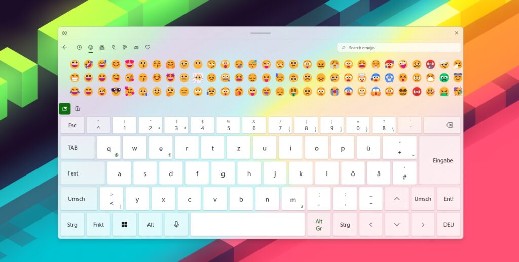 Screenshot der Bildschirmtastatur mit geöffneter Emoji-Übersicht. Zusehen sind die neuen Windows 11 Emojis.