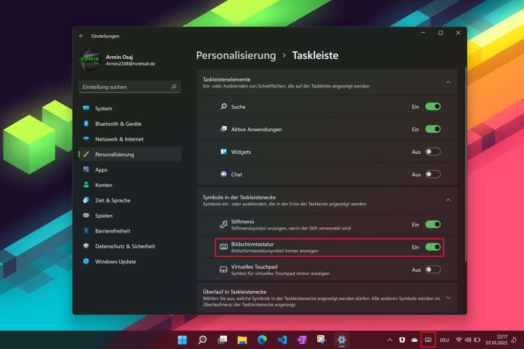 Windows 11-Einstellungen, auf der Seite Taskleiste. Rot markiert auf diesem Screenshot ist der Eintrag Bildschirmtastatur immer anzeigen.