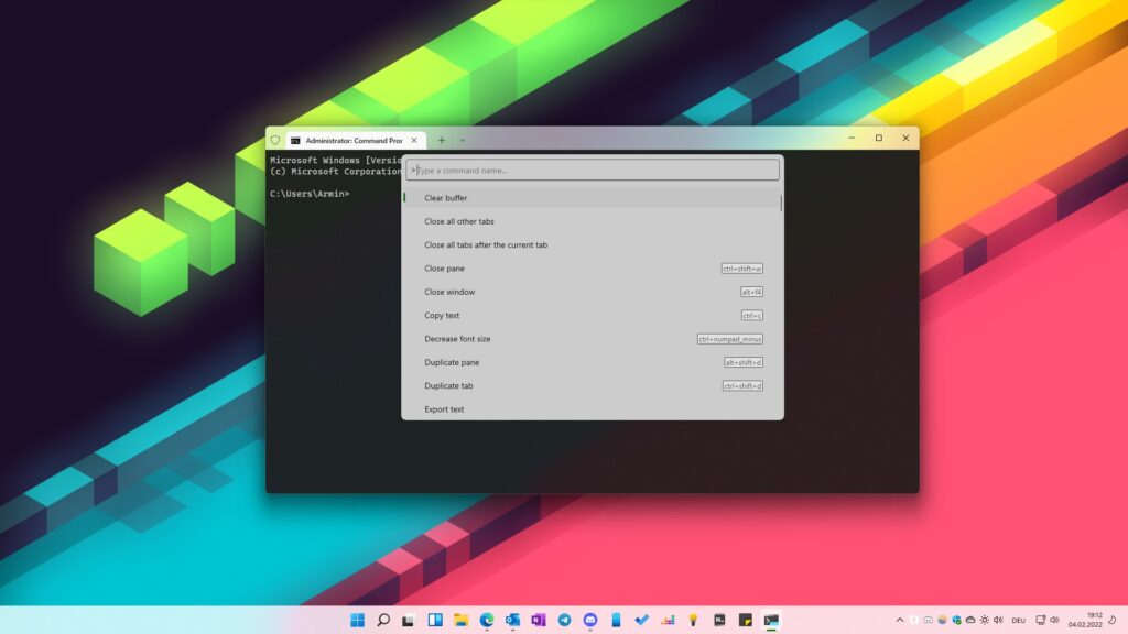 Windows Terminal 1.13 als Administrator geöffnet, mit aktiver Command Palette.