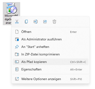 Screenshot des Kontextmenüs vom Windows Explorer. Wichtig ist hierbei der Menüpunkt "Als Pfad kopieren", daneben ist die dafür vorgesehene Tastenkombination aufgelistet. Strg + Shift + C.