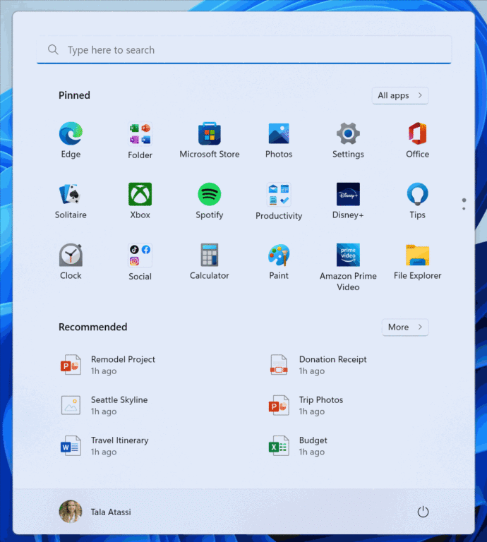 Screenshot vom Windows 11 Startmenü, bei dem in der Sektion mit angehefteten Apps ein paar Ordner befinden, die jetzt einen Namen tragen. Bspw. der Ordner "Folder", oder der Ordner "Social".