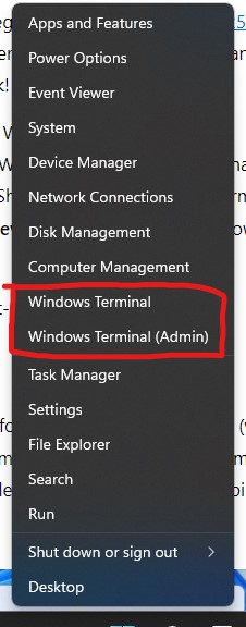 Screenshot vom Windows + X-Menü. Rot umkreist wurden die Einträge Windows Terminal und Windows Terminal (Admin).
