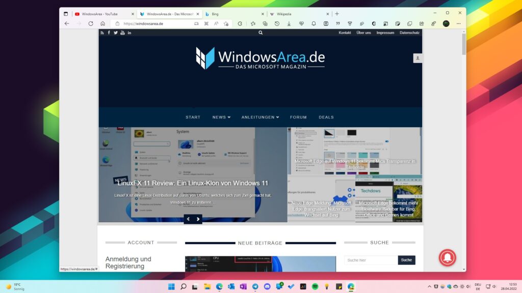 Microsoft Edge Canary, mit runden Tabs, der Adressleiste im transparenten Mica-Material und WindowsArea als geöffnete Webseite
