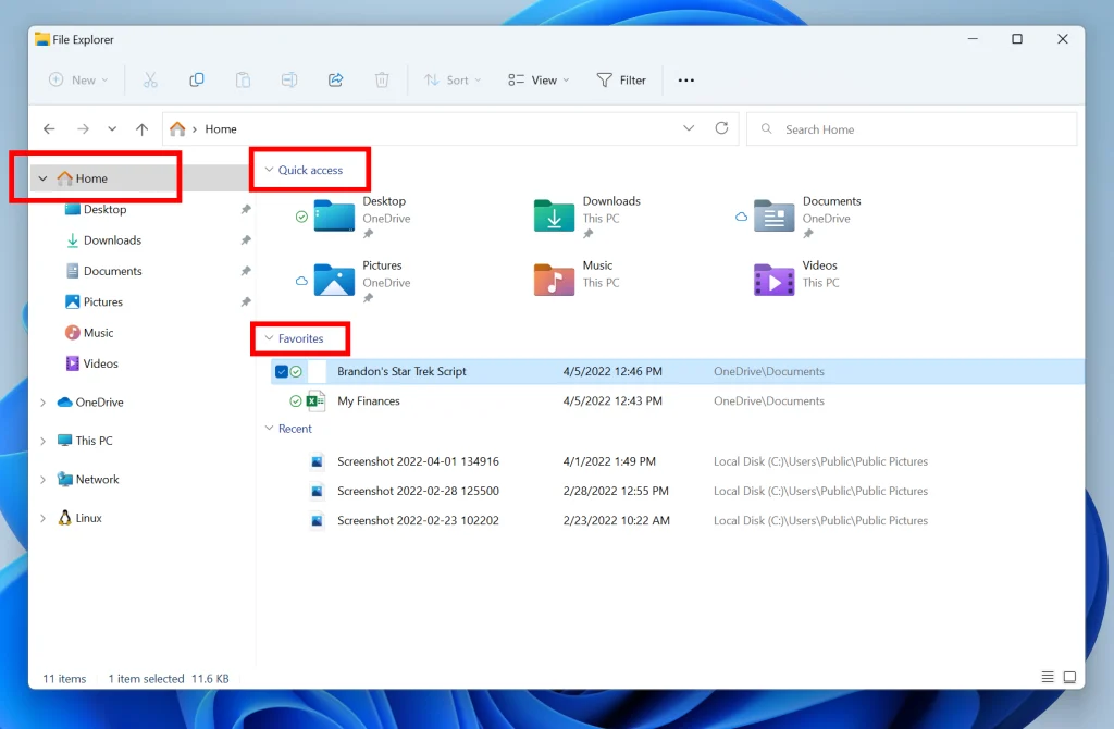Der Windows Datei-Explorer unter Windows 11 Build 22593. Geöffnet ist der Schnellzugriff, der jetzt Startseite heißt. In diesem Fall zu Englisch Home. Auf dem Bild ist der Name "Home" in der Seitenleiste rot markiert.
