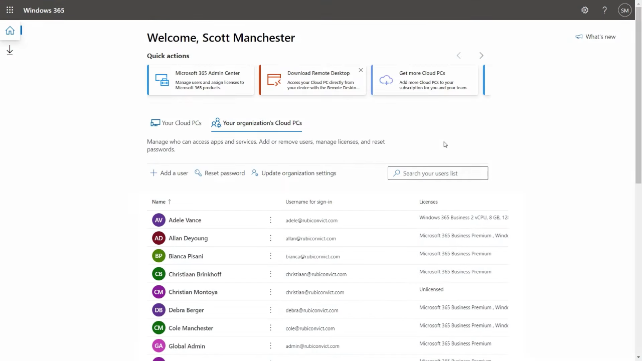 Screenshot vom Windows 365 Admin Center. Darauf sieht man eine Auflistung aller angelegter Nutzer, plus ein paar Quick Actions.