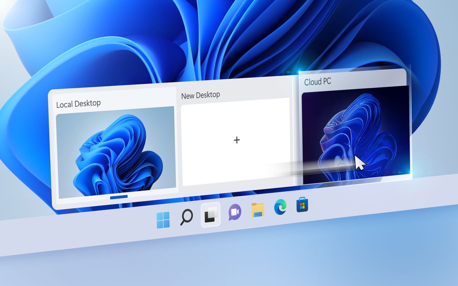 Windows 365 Switch Pressebild. Auf diesem Bild fährt der Mauszeiger über die Task View-Schaltfläche in der Taskleiste. Dadurch öffnet sich die schnelle Auswahl von virtuellen Desktops, worunter auch ein Cloud PC enthalten ist.