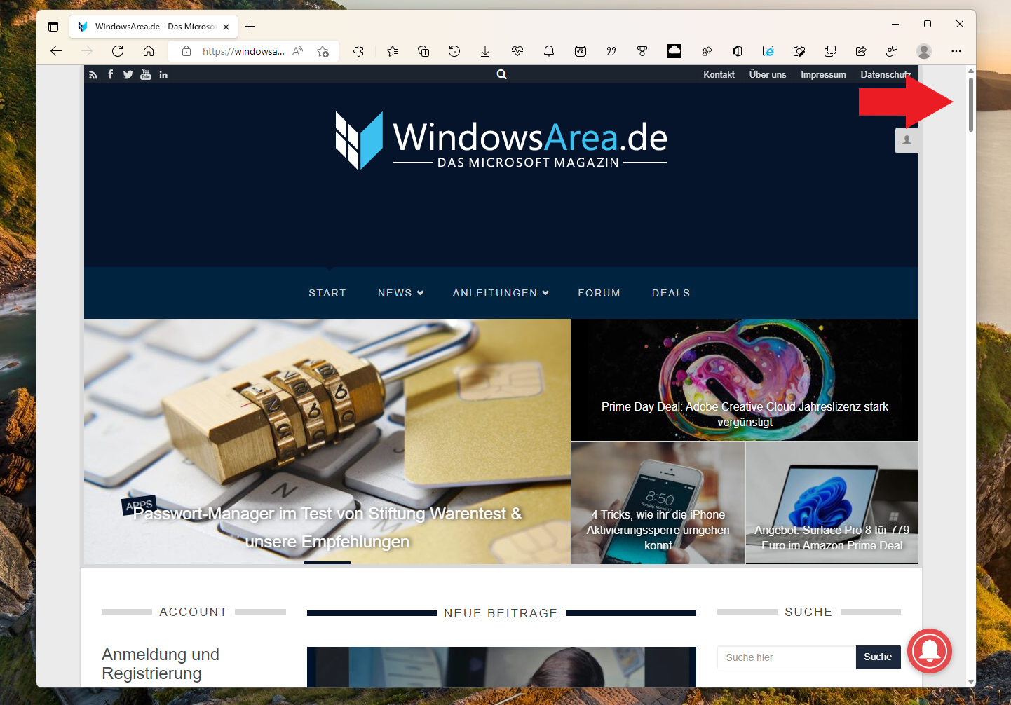 Microsoft Edge mit moderner Bildlaufleiste im Stile von Windows 11