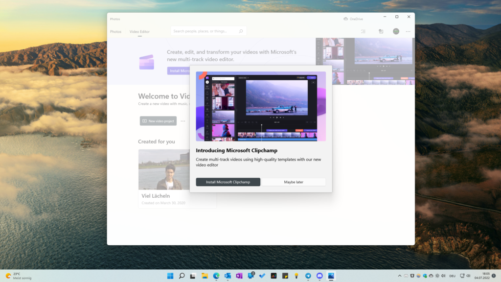 Screenshot von Microsoft Fotos im Reiter Video-Editor. Über den VIdeo-Editor legt sich eine Meldung, die Microsoft Clipchamp vorstellt.