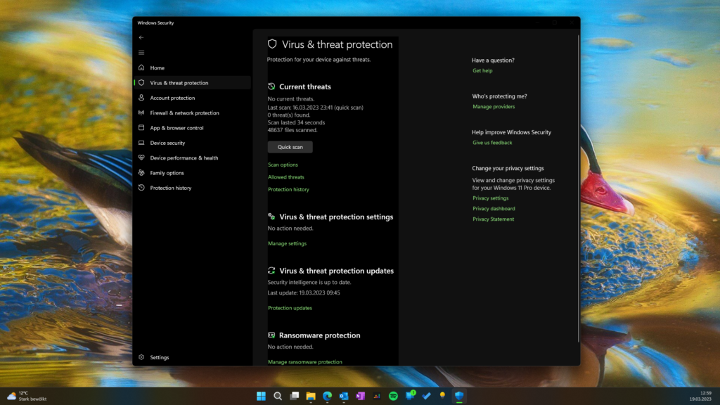 Screenshot von Windows-Sicherheit mit kaputtem Farbschema