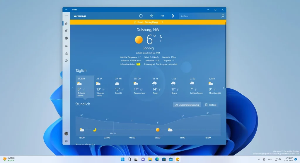 Windows Wetter-App auf der Startseite mit dem neuen Luftqualitätsindex.