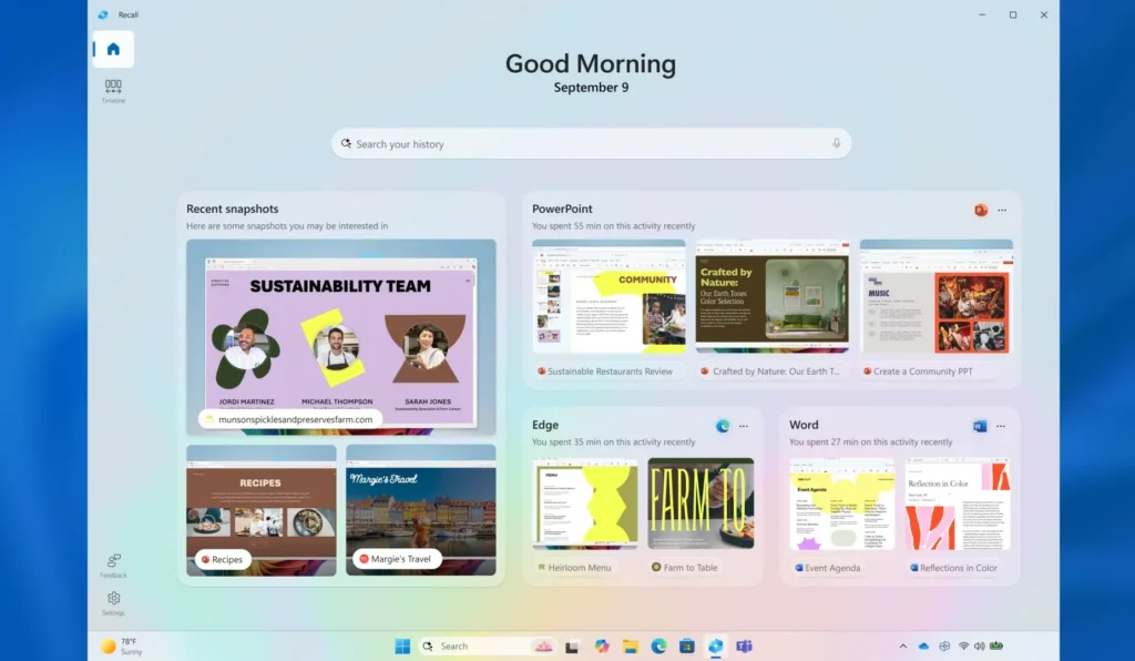 Zeigt die neue Startseite von Windows Recall unter Windows 11
